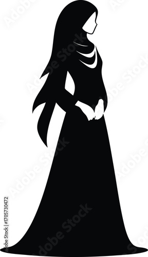 Black Silhouette of Muslim Woman in Traditional Dress vector illustration on a white background 