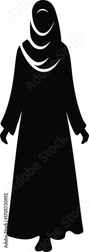 Black Silhouette of Muslim Woman in Traditional Dress vector illustration on a white background 