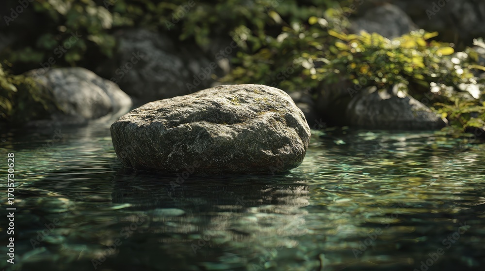 Fototapeta premium Tranquil Stone in a Crystal-Clear Forest Stream