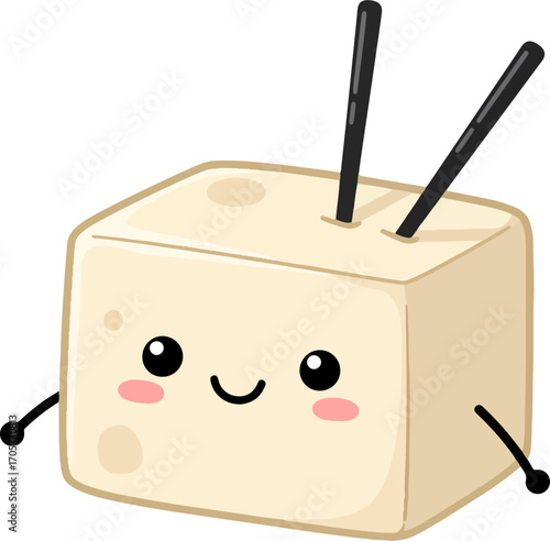 Cute Flat Style Tofu Character with Chopsticks Asian Food Illustration