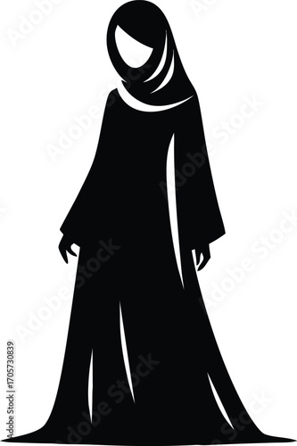 Black Silhouette of Muslim Woman in Traditional Dress vector illustration on a white background 