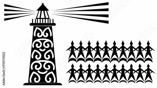 A decorative lighthouse with beams of light stands beside rows of paper doll figures in black and white silhouette