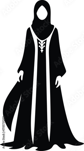 Black Silhouette of Muslim Woman in Traditional Dress vector illustration on a white background 