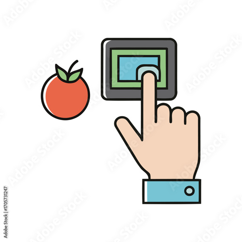 Online grocery shopping concept with a hand touching a screen to order fresh fruit. Healthy food delivery service icon