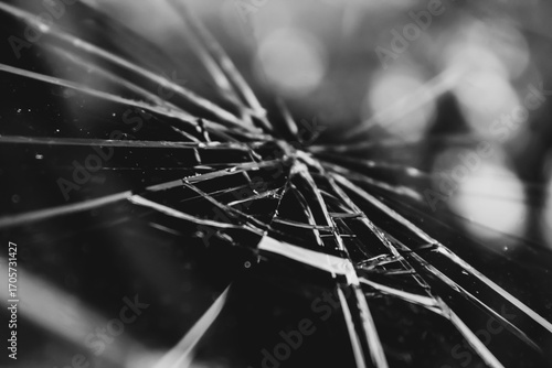 close-up of fractured glass on a windshield with bokeh light effect. abstract texture background. fragility, chaos, disruption, or distorted reality concept.