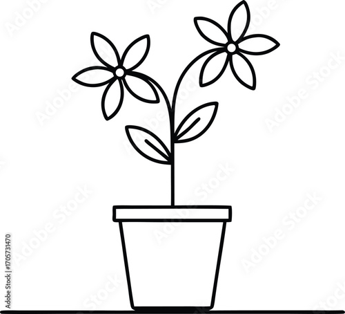 A simple line drawing of a potted plant with three flowers and leaves, isolated on white background