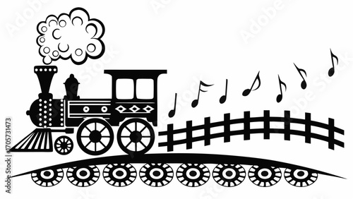 Black and white illustration of a steam train with smoke and musical notes near a fence design art silhouette