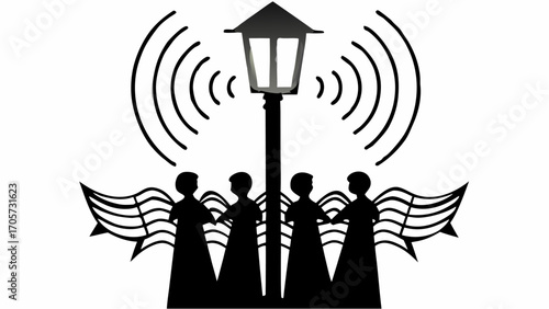 A silhouette of carolers singing beneath a lamppost with sound waves emanating from the scene around them