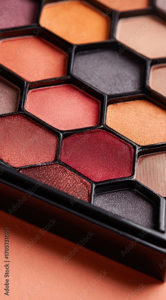 Fototapeta premium Close-up of a makeup palette featuring hexagonal compartments filled with various shades of eye shadow in warm, earthy tones on a peach background