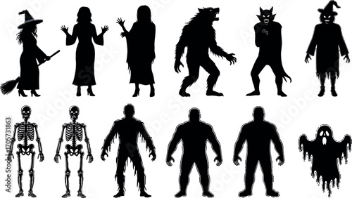 Halloween monsters silhouettes set. Witch, zombie, Dracula vampire and werewolf. 