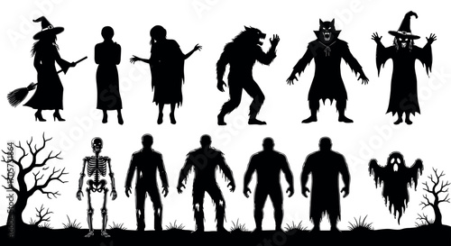 Halloween monsters silhouettes set. Witch, zombie, Dracula vampire and werewolf. 