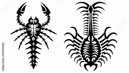 Two stylized black scorpion designs with detailed exoskeletons and prominent claws displayed on white silhouette