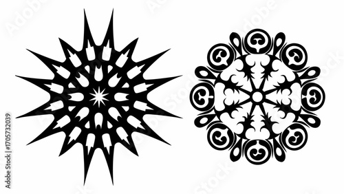 Two stylized black and white floral designs with radial symmetry and intricate patterns on a white background silhouette