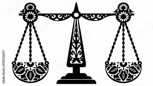 Ornate black and white illustration of a balance scale with floral and scrollwork decorations shown clearly silhouette