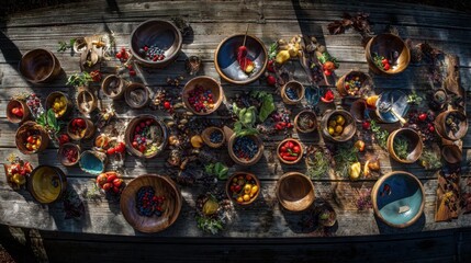 Tableau sur toile  preparation. Artistic arrangement of fresh ingredients on a wooden surface, captured with diffused natural light. menu design.  © Eleanor