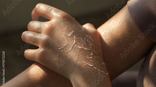 Dry skin condition on hands and arms in natural light during daytime