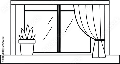 A simple drawing of a window with curtains and a potted plant, isolated on white background