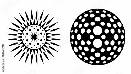 Two graphic designs featuring a sunburst with spikes and a sphere with white circles on a black background silhouette