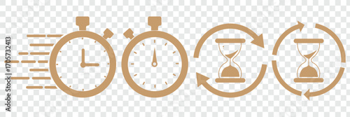 Stopwatch vector icons, hourglass symbols, timer design, countdown graphics, speed concept, time passing, clock silhouette, urgency sign, deadline icon, fast. Sand Timer Icon Set. Hourglass and Time 