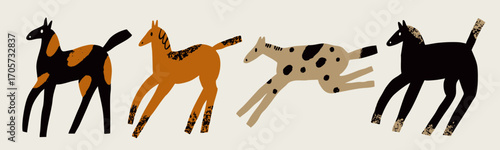 Various colored Horses. Running wild stallion. Childish quirky style. Cute characters. New year symbol. Hand drawn Vector illustration. Isolated design elements. Print, sticker, card, logo templates
