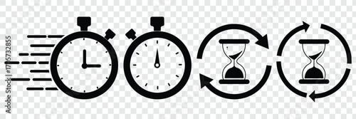 Stopwatch vector icons, hourglass symbols, timer design, countdown graphics, speed concept, time passing, clock silhouette, urgency sign, deadline icon, fast. Sand Timer Icon Set. Hourglass and Time 