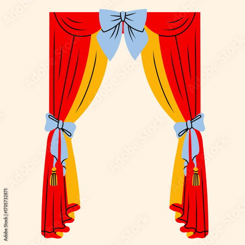 Red, blue yellow Curtains. Wavy luxury curtains, elegant shape, golden ties, cords, tassels. Decorative cloth. Hand drawn trendy Vector illustration. Isolated design element