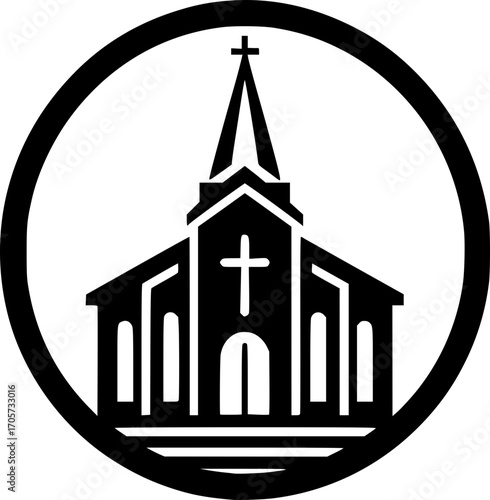 Minimalist black and white church icon. Simple vector design, clean lines, scalable, isolated for logos, stickers, or digital use.