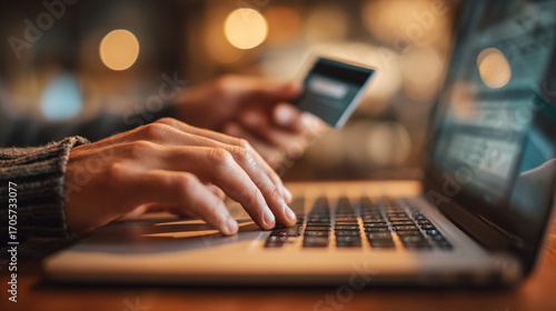 Wallpaper Mural A person paying for online shopping by entering credit card details on a laptop, with focus on the hand and laptop screen displaying the shopping cart, representing e-commerce. Torontodigital.ca