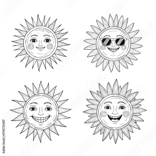 A collection of four handdrawn vintagestyle sun illustrations with smiling anthropomorphic faces.