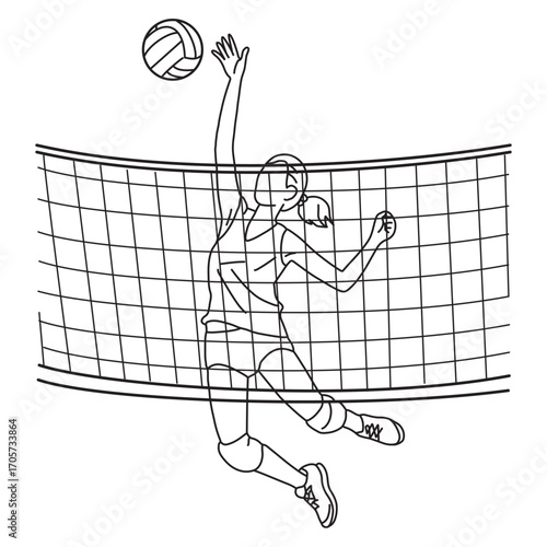 Volleyball player hitting ball, Volleyball player, woman, female team sport athlete, Concept of sport, Hand drawn sketch of volleyball player, Vector illustration
