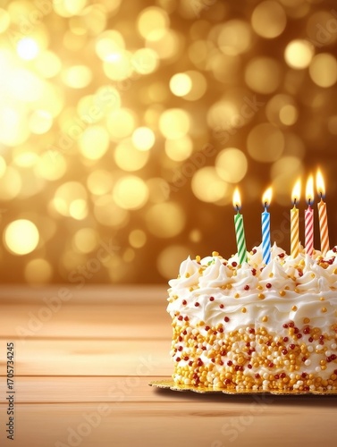 Colorful Birthday Cake with Candles and Bokeh Background