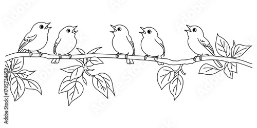 Hand drawn line of birds on a branch, Many cute birds on branch in flat design,Cartoon animals sitting on branch,Vector illustration 