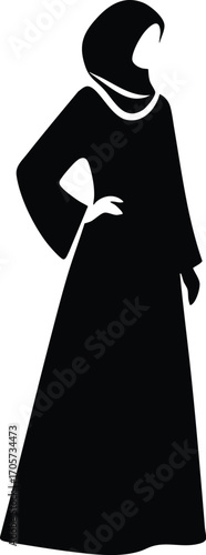 Black Silhouette of Muslim Woman in Traditional Dress vector illustration on a white background 