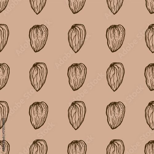 Vector line art seamless pattern of pistachio nuts. Hand painted nuts on pastel beige background. Tasty food illustration for design, print, fabric or background.