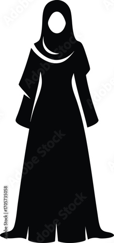 Black Silhouette of Muslim Woman in Traditional Dress vector illustration on a white background 