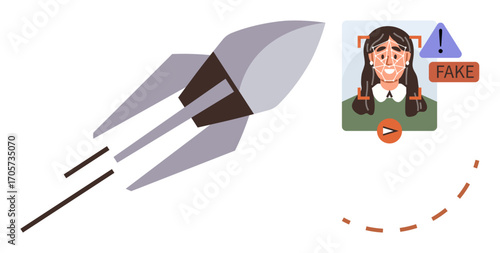 Rocket launching alongside facial recognition detecting and labeling a fake image with a warning icon. Ideal for technology, AI, security, deepfake detection, innovation, science fiction, simple flat