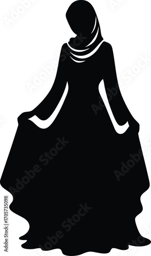 Black Silhouette of Muslim Woman in Traditional Dress vector illustration on a white background 