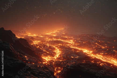 Vast volcanic landscape with glowing lava rivers under a starry night sky.