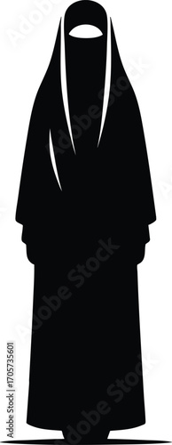 Black Silhouette of Muslim Woman in Traditional Dress vector illustration on a white background 