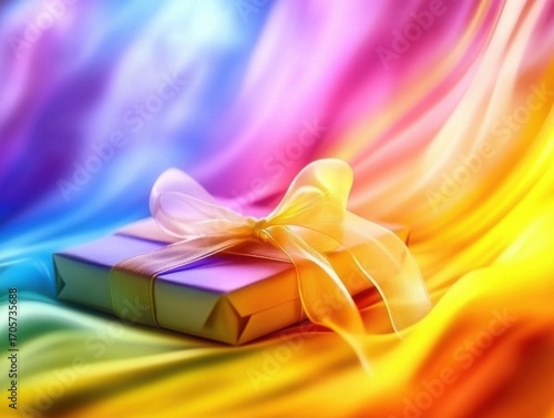 Colorful Gift Box on Vibrant Rainbow Background with Soft Drapery