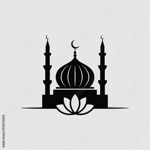 Vector illustration of an old religious mosque with a dome and minaret, a historical city landmark
