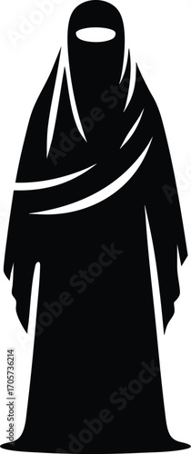 Black Silhouette of Muslim Woman in Traditional Dress vector illustration on a white background 