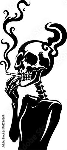 vector illustration of Smoking Skull Silhouette with Cigarette and Smoke, isolated on white