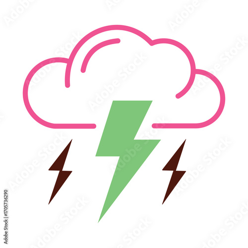 Colorful flat design storm cloud icon with lightning. A modern and creative graphic for weather, energy, and brainstorm concepts.