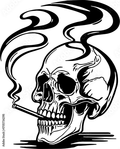 vector illustration of Smoking Skull Silhouette with Cigarette and Smoke, isolated on white