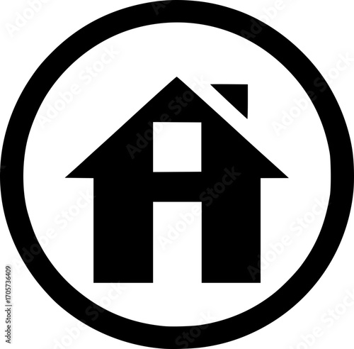 Minimalist black and white house icon. Simple vector design, clean lines, scalable, isolated for logos, stickers, or digital use.