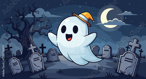 Cute Ghost in a Spooky Halloween Graveyard Scene