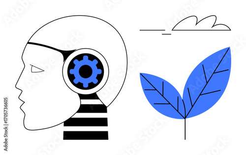Profile of a human head with a gear inside, symbolizing AI, next to a blue leaf and simple cloud. Ideal for technology, innovation, environment, sustainability, nature balance growth. Simple flat