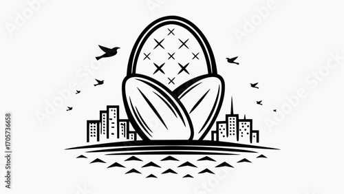 Illustration of corn cob with kernels above a cityscape with birds flying in a black and white design style silhouette