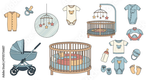 A collection of essential items for a newborn baby's nursery and comfort.